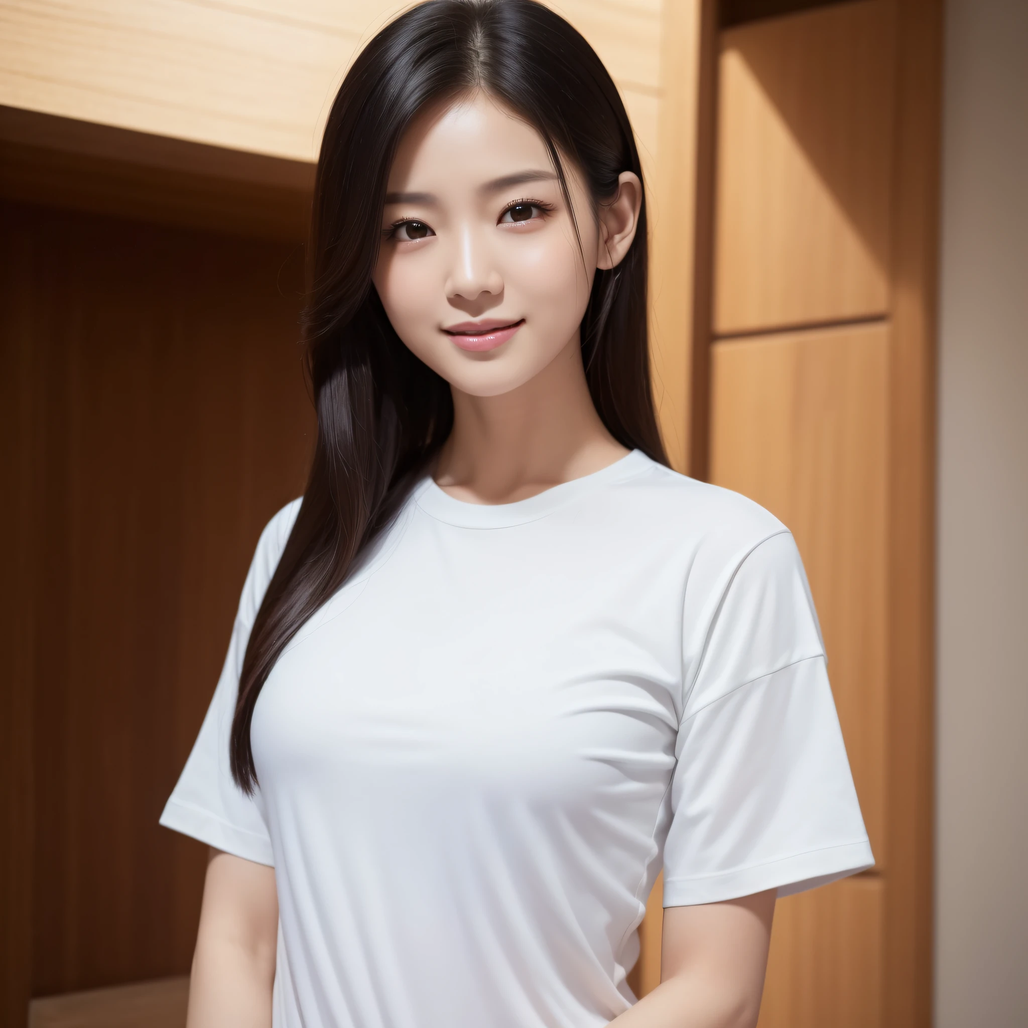 One lady、((best qualtiy、8k masterpieces:1.3))、foco nítido:1.2、(ultra beautiful faces:1.0)、(shinny skin:1.0)、photos realistic、A dark-haired、Video Lighting、High-definition eyes and face、Video Lighting、Top Idol Actress、from the front side、medium breasts、Smile、Slender Abs Beauty、Whole body、wearing t-shirts、At the shrine in the early morning