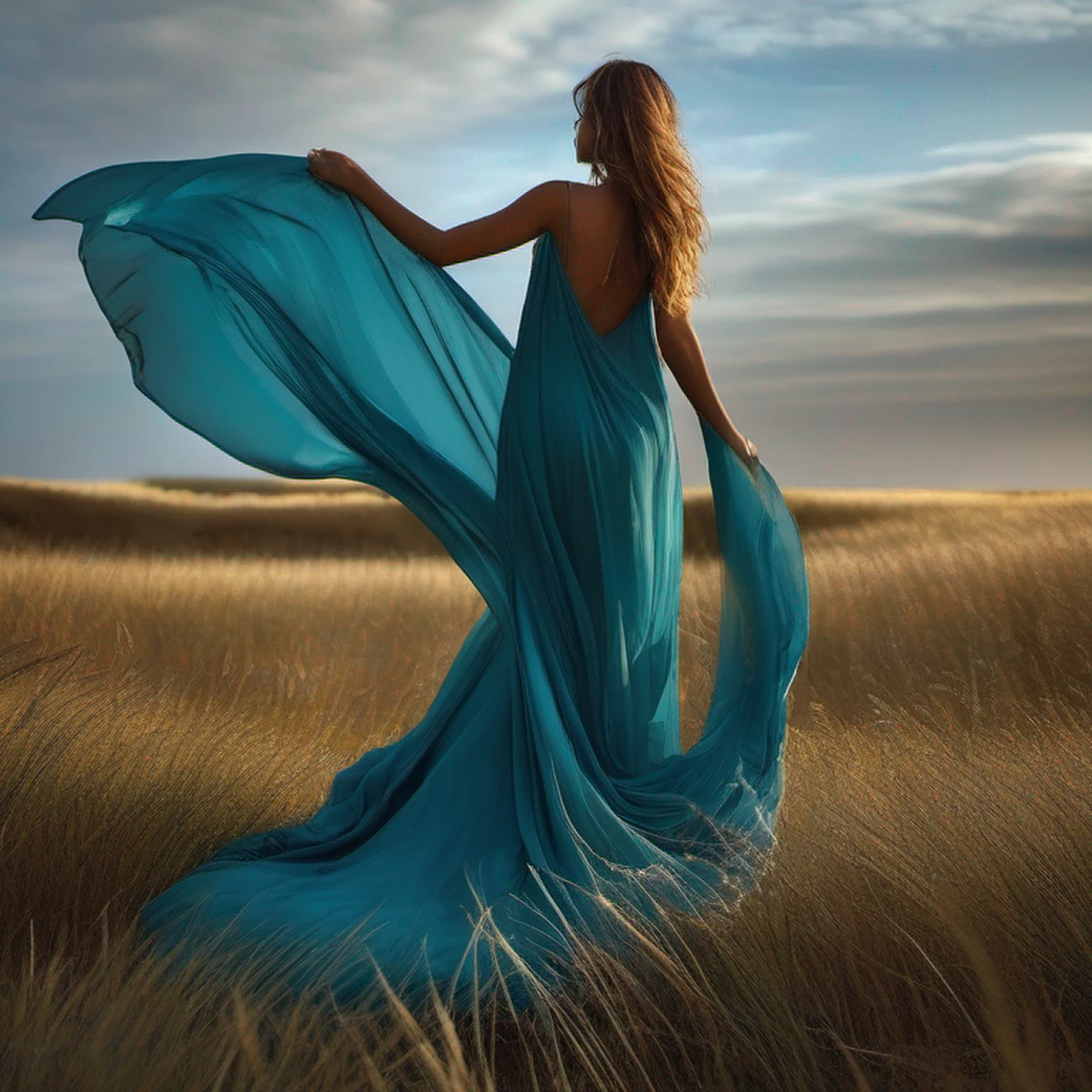 Arad woman in dress standing in the field,wearing a long, flowing dress, vestido flutuante, flowy robe, Marcos Adamus, pose elegante e deslumbrante, Beautiful flowing fabric, ethereal beauty, wearing flowing dress, flowing fabric, fotografia de moda fine art, dramatic elegant pose, cinematic goddess shot, ethereal back light, banhado por um brilho dourado, draped in flowing fabric