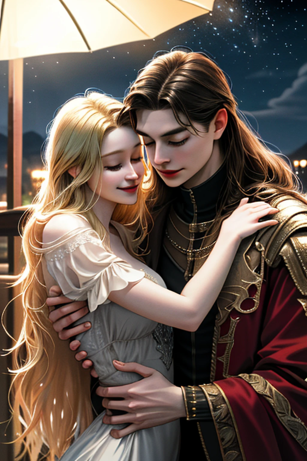 Pretty blonde girl hugging a tall brown-haired boy around the torso, She hides her head in his chest while he comforts her by hugging her. Melancholic aura, 4k.