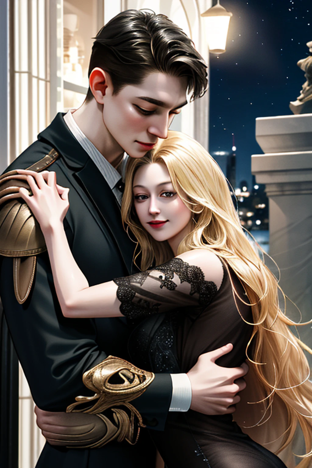 (absurdres, highres, ultra detailed), 2others, couple, 1man with 1woman, mature, Height difference, different hair color, happy, love, hug, upper body, long hair, black hair and blonde hair, fantasy, night