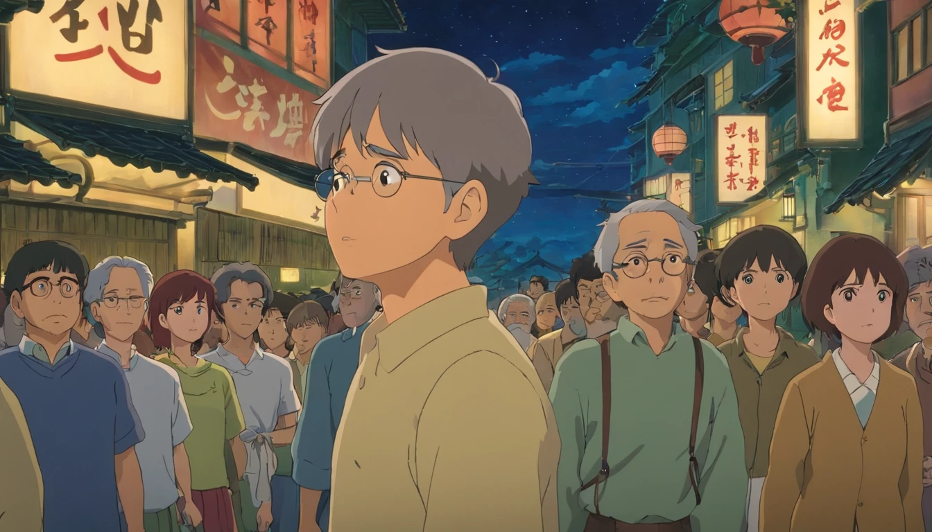 front photo of a sad man's FACE, with a crowd passing behind him, at night