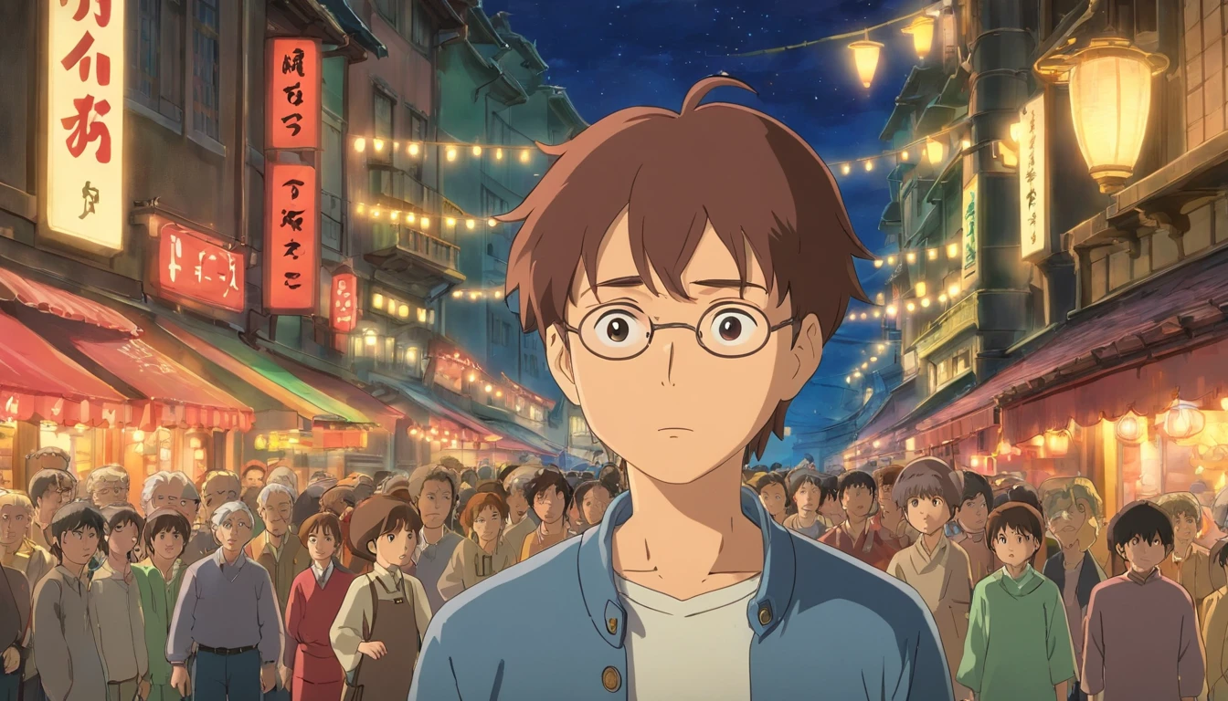 front photo of a sad man's FACE, with a crowd passing behind him, at night