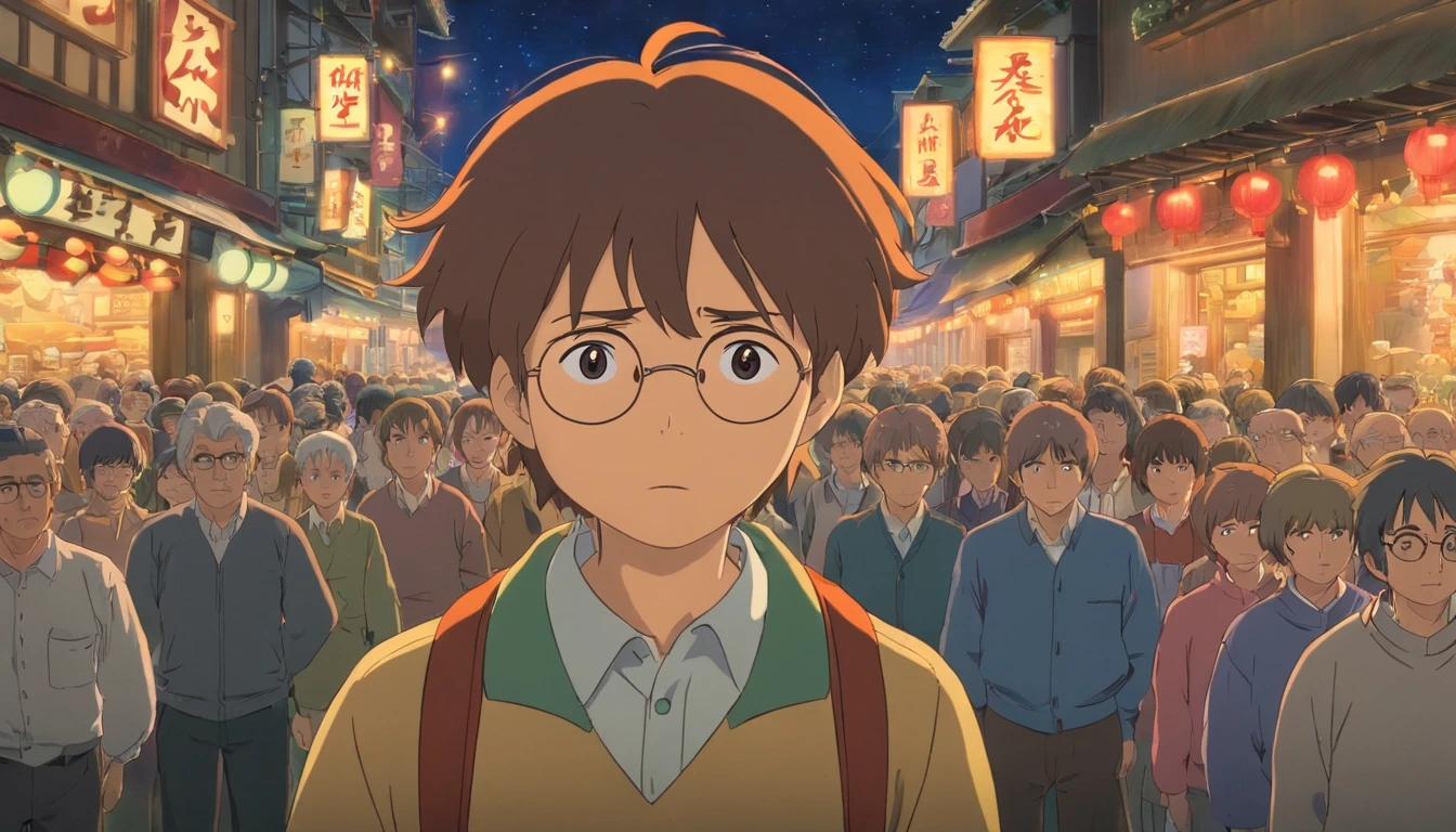 front photo of a sad man's FACE, with a crowd passing behind him, at night