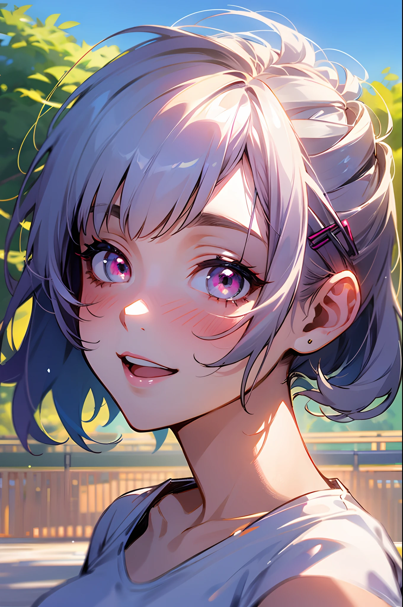 Stable Diffusion prompt:
A 17-year-old girl with silver hair and a short bob hairstyle, hair tied up in a bun with hair clips, pink eyes, small breasts, wearing a white t-shirt and shorts, meeting someone, under a clear blue sky of summer, in a large park background, laughing together. (best quality, ultra-detailed), portraits, vivid colors, natural lighting.