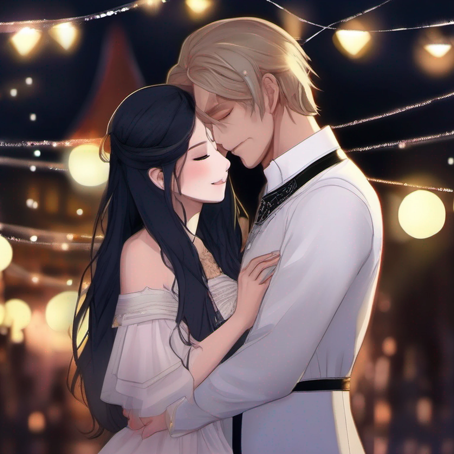 (absurdres, highres, ultra detailed), 2others, couple, 1man with 1woman, mature, Height difference, different hair color, happy, love, hug, upper body, long hair, black hair and blonde hair, fantasy, night