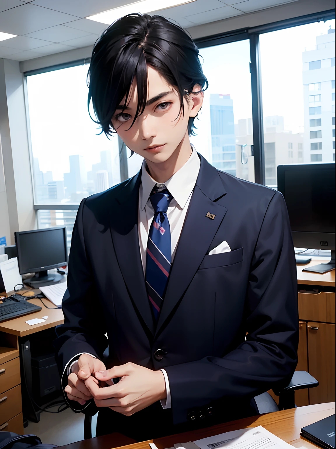 1boy, only、(Man's :2),(bobhair:1.5)、A dark-haired、Dark blue suit、Brightly colored ties、Cluttered office、beautiful  lighting、hightquality、masutepiece,8K,hight resolution、