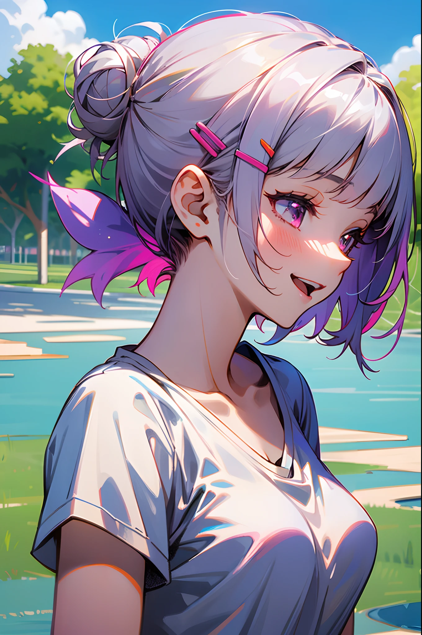 Stable Diffusion prompt:
A -yeld giwith silver hair and a short bob hairstyle, hair tied up in a bun with hair clips, pink eyes, small breasts, wearing a white t-shirt and shorts, meeting someone, under a clear blue sky of summer, in a large park background, laughing together. (best quality, ultra-detailed), portraits, vivid colors, natural lighting.