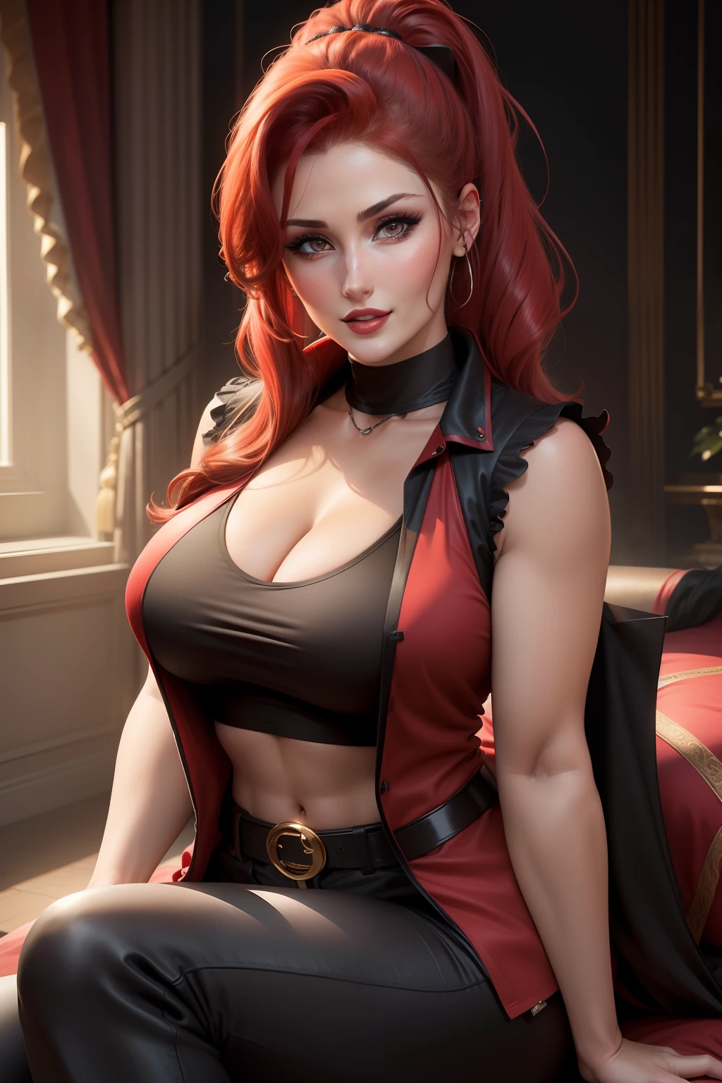 Lucy Pinder, portrait, face portrait, smiling, voluptuous, red lips, ponytail, straight hair, red hair, cleavage, t-shirt with sleeves, brown t-shirt, belt, ((wearing black vest over t-shirt)), ( (black formal pants)), sitting.