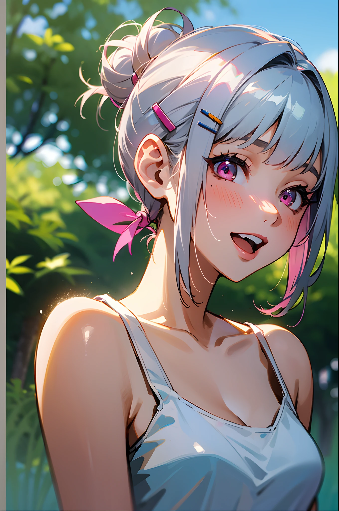 Stable Diffusion prompt:
A 17-year-old girl with silver hair and a short bob hairstyle, hair tied up in a bun with hair clips, pink eyes, small breasts, wearing a white t-shirt and shorts, meeting someone, under a clear blue sky of summer, in a large park background, laughing together. (best quality, ultra-detailed), portraits, vivid colors, natural lighting.