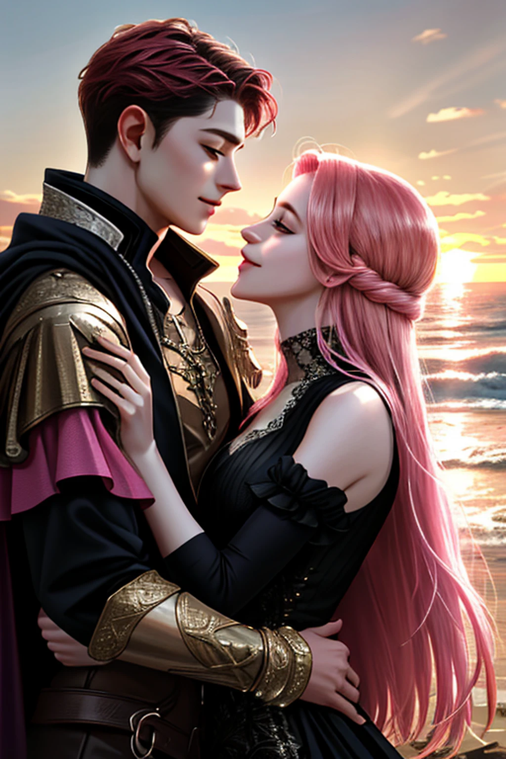 (absurdres, highres, ultra detailed), 2others, couple, 1man with 1woman, mature, Height difference, different hair color, happy, love, hug, upper body, long hair, black hair and pink hair, fantasy, sunset, looking at each other