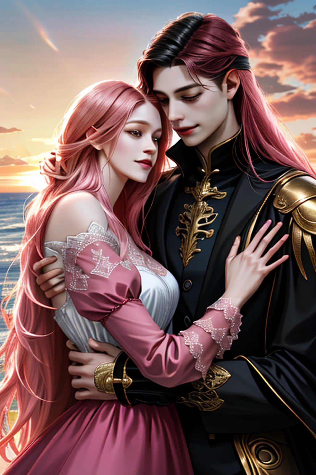 (absurdres, highres, ultra detailed), 2others, couple, 1man with 1woman, mature, Height difference, different hair color, happy, love, hug, upper body, long hair, black hair and pink hair, fantasy, sunset, looking at each other