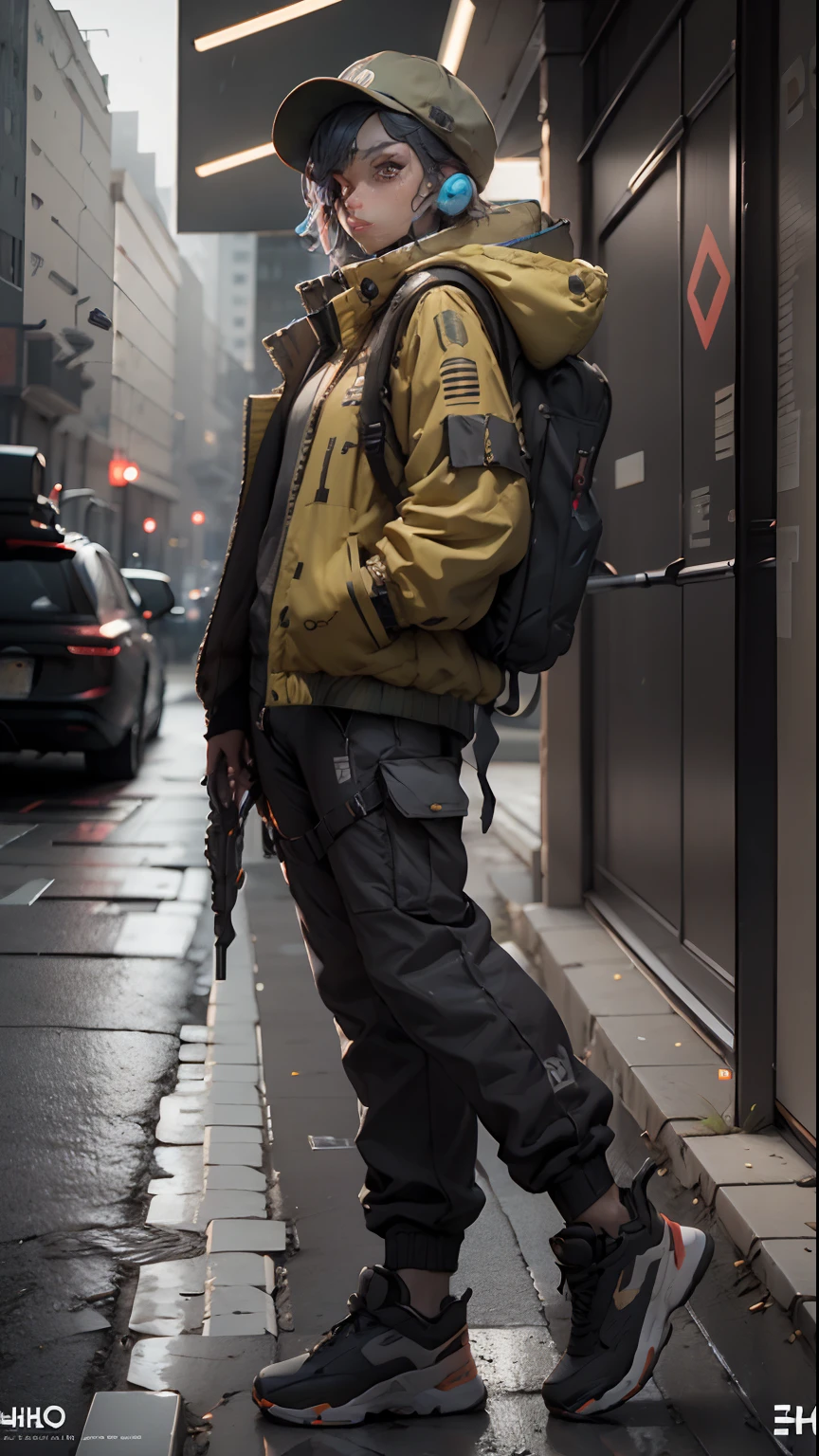 ((Best quality)), ((masterpiece)), 3D, cyberpunk guy with cap and tech wear, nijiloraeagle, khaki jacket, khaki cargo pants, HDR (high dynamic range), NVIDIA RTX, super resolution, unreal 5, Subsurface Dispersion, PBR Texturing, Post Processing, Anisotropic Filtering, Depth of Field, Accurate Light-Material Interaction Simulation, Perfect Proportions, Octane Render, Two-Tone Lighting, Low ISO, 8K RAW,
