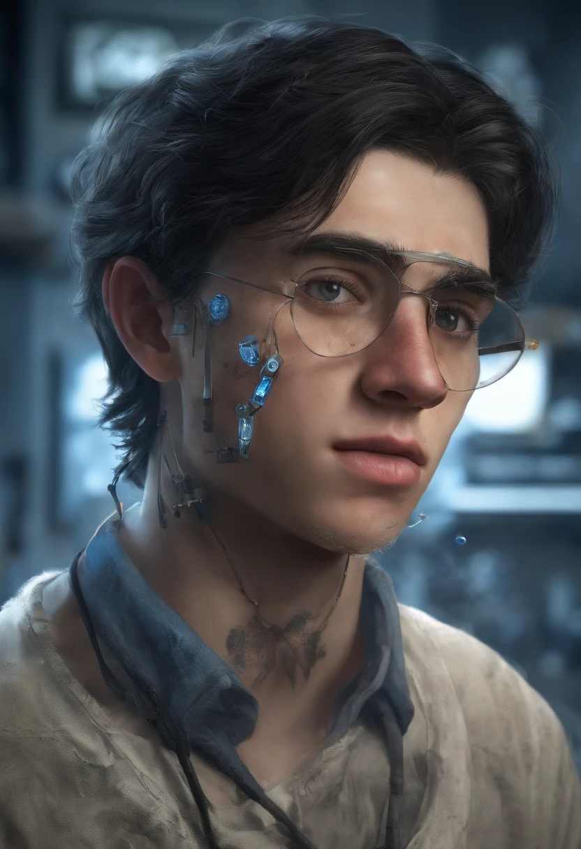 Black-haired boy who has a blue stone on the back of his neck working in a laboratory