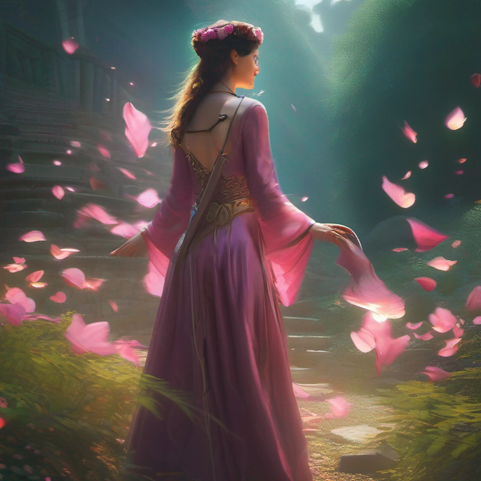 modelshoot style, (extremely detailed CG unity 8k wallpaper), full shot body photo of the most beautiful artwork in the world, english medieval pink (dragonborn druid) witch, black silk robe,  nature magic, medieval era, painting by Ed Blinkey, Atey Ghailan, Studio Ghibli, by Jeremy Mann, Greg Manchess, Antonio Moro, trending on ArtStation, trending on CGSociety, Intricate, High Detail, Sharp focus, dramatic, painting art by midjourney and greg rutkowski, teal and gold, petals, countryside, action pose, casting a spell, green swirling magic