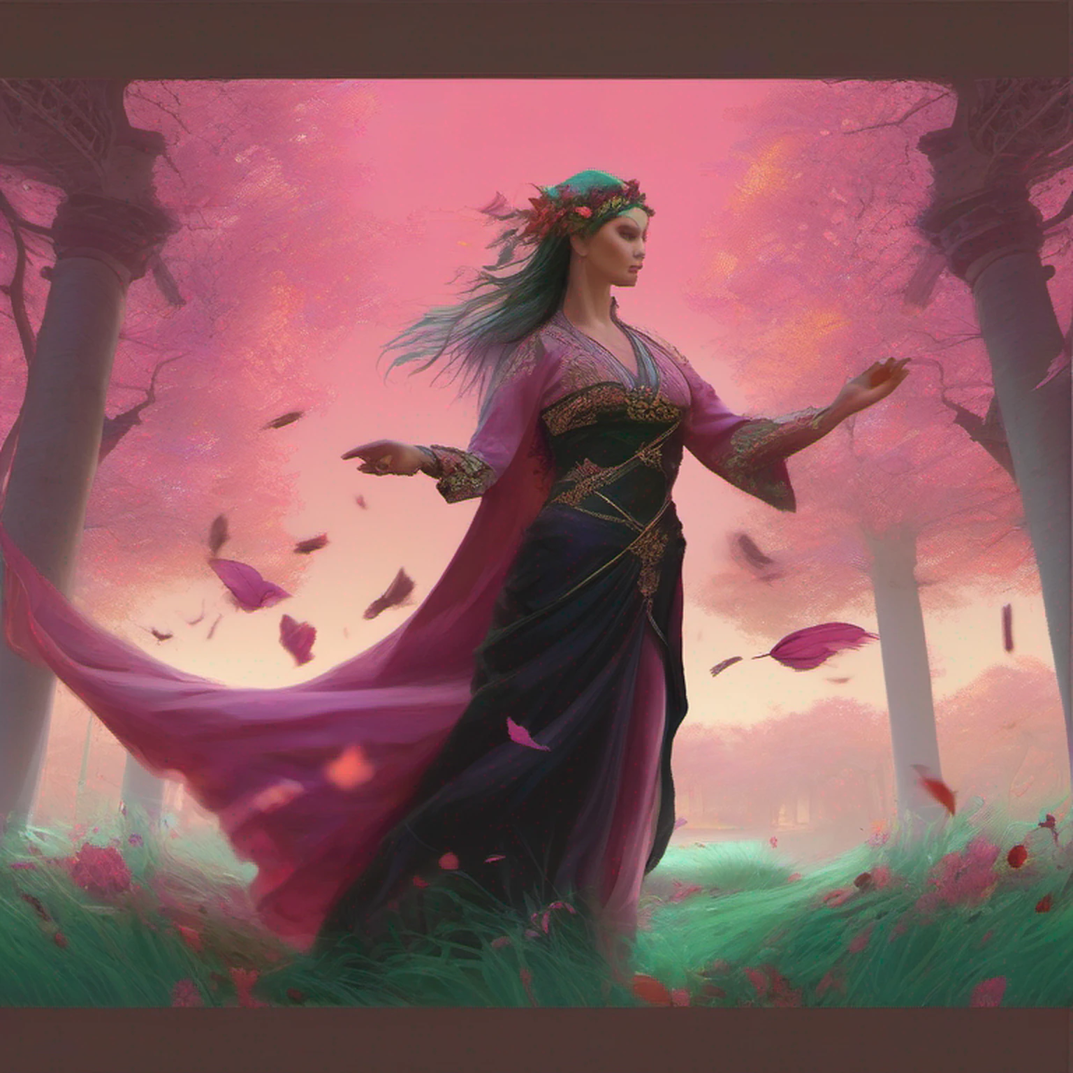 modelshoot style, (extremely detailed CG unity 8k wallpaper), full shot body photo of the most beautiful artwork in the world, english medieval pink (dragonborn druid) witch, black silk robe,  nature magic, medieval era, painting by Ed Blinkey, Atey Ghailan, Studio Ghibli, by Jeremy Mann, Greg Manchess, Antonio Moro, trending on ArtStation, trending on CGSociety, Intricate, High Detail, Sharp focus, dramatic, painting art by midjourney and greg rutkowski, teal and gold, petals, countryside, action pose, casting a spell, green swirling magic