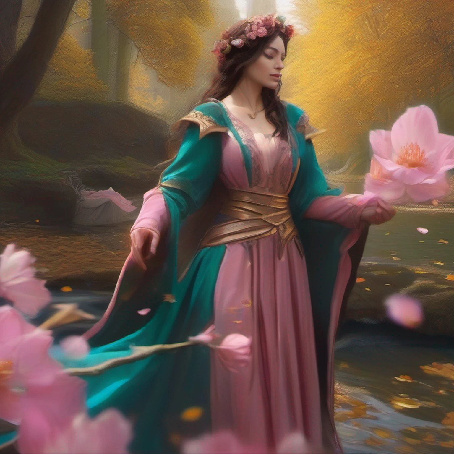 modelshoot style, (extremely detailed CG unity 8k wallpaper), full shot body photo of the most beautiful artwork in the world, english medieval pink (dragonborn druid) witch, black silk robe, nature magic, medieval era, painting by Ed Blinkey, Atey Ghailan, Studio Ghibli, by Jeremy Mann, Greg Manchess, Antonio Moro, trending on ArtStation, trending on CGSociety, Intricate, High Detail, Sharp focus, dramatic, painting art by midjourney and greg rutkowski, teal and gold, petals, countryside, action pose, casting a spell, green swirling magic