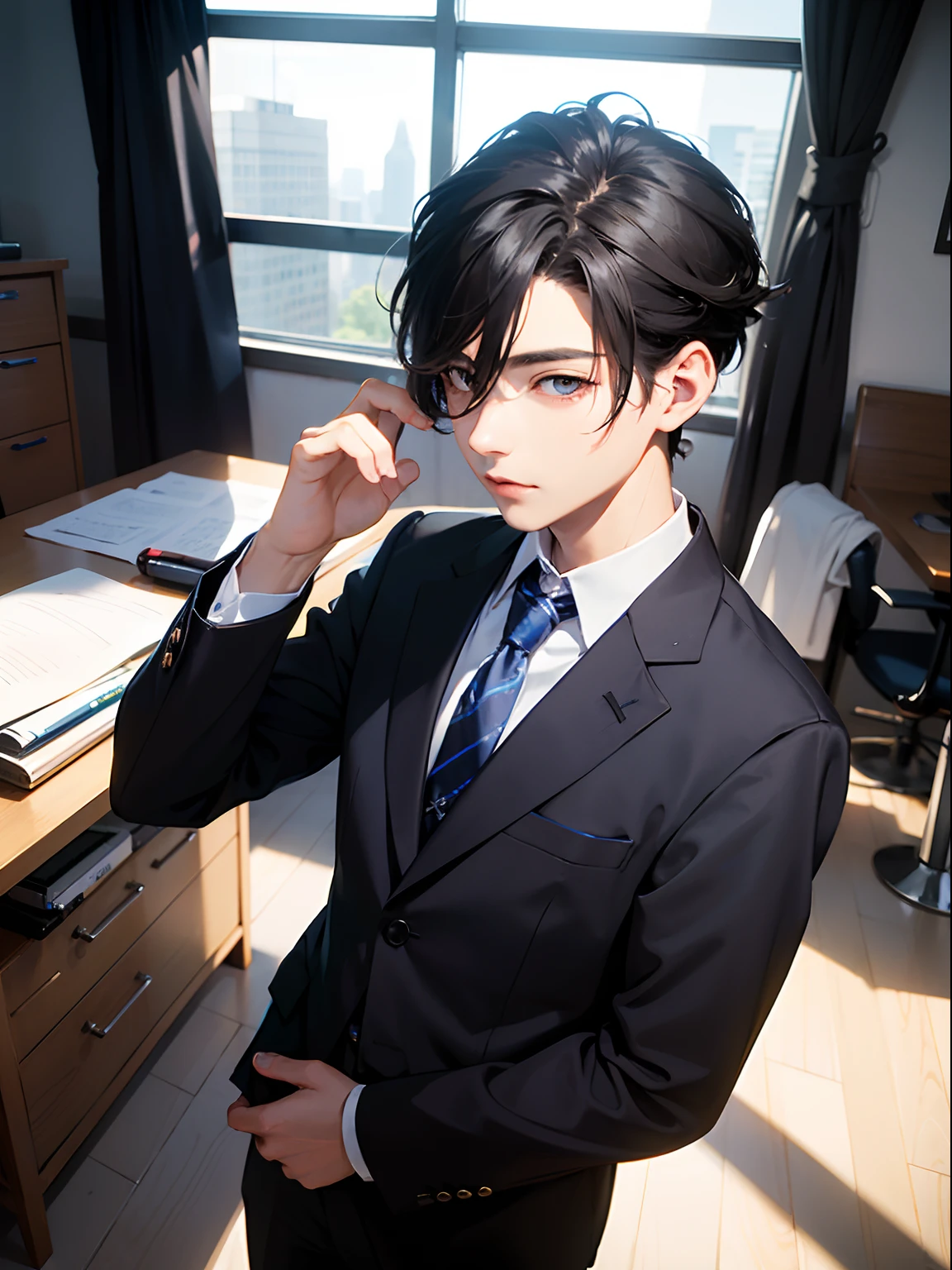 1boy, only、(Man's :2),(bobhair:1.5)、A dark-haired、Dark blue suit、Brightly colored ties、Cluttered office、beautiful lighting、hightquality、masutepiece,8K,hight resolution、