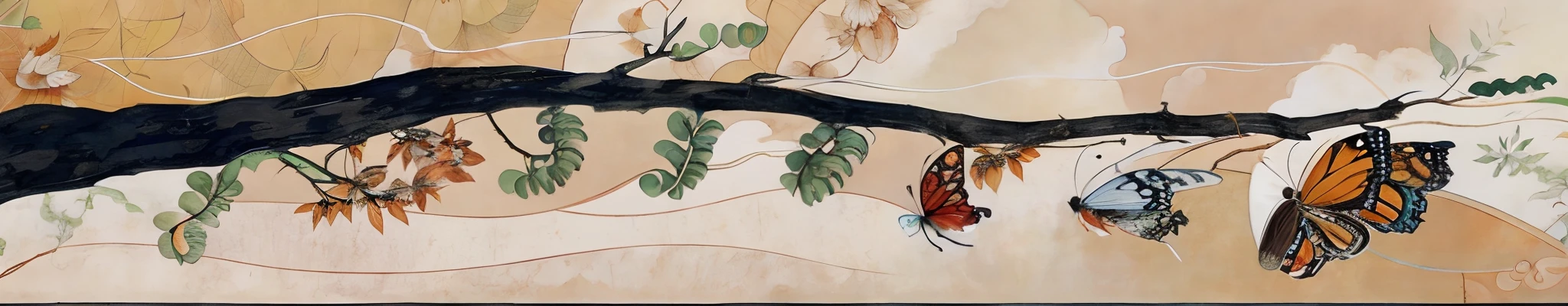 There are many butterflies of different colors hanging from a branch, stylized digital illustration, chrysalis, borboletas e vermes, concept illustartion, digital illustation, color digital illustration, transformation scene, detailed digital illustration, rendered illustration, in illustration style digital, full-colour illustration, illustration detailed, digital illustration -, arte de fundo, full-colour illustration, Brittney Lee, metamorfose