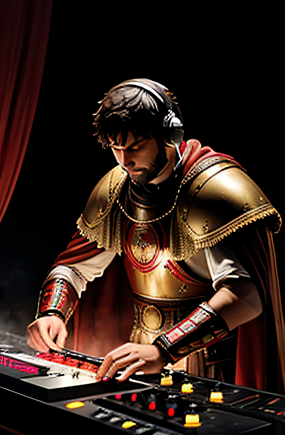 Roman legionnaire in armor with a red cape in headphones at the DJ console, can be seen at the waist, There is complete darkness in the background and only a few multi-colored rays of modern light music are visible.