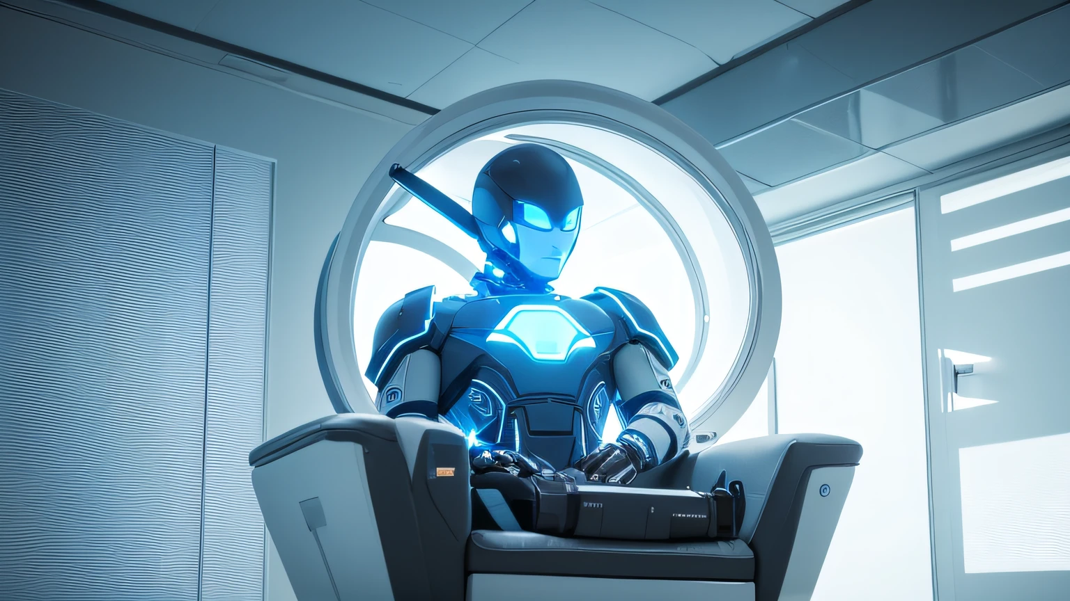 A small empty room, with a male robot sitting on the sofa, white and blue. Technological details, futuristic. Music. Speakers. a muscle robot. Alien structures, Night sky. A robotic silhouette in the background, A distant robot man. music Alien structures, Night sky. White and blue, 8K, Realistic photo, deep color, fantastical, intricate detail, splash screen, complementary colors, 8k resolution trending on Artstation Unreal Engine 5" , Alien structures, music ,