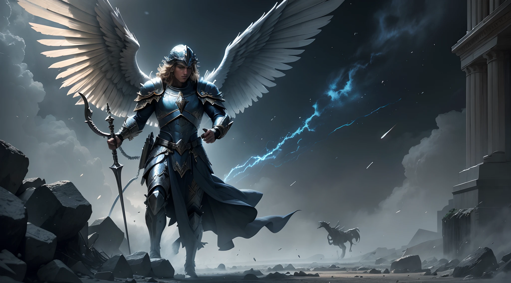 Archangel Michael is wearing an angelic helmet that exudes energy, A light emanates from him with much angelic perfection, The image is rendered in the highest quality, featuring maximum lighting detail, imagem realista, Maximum realism, Texture and overall composition.