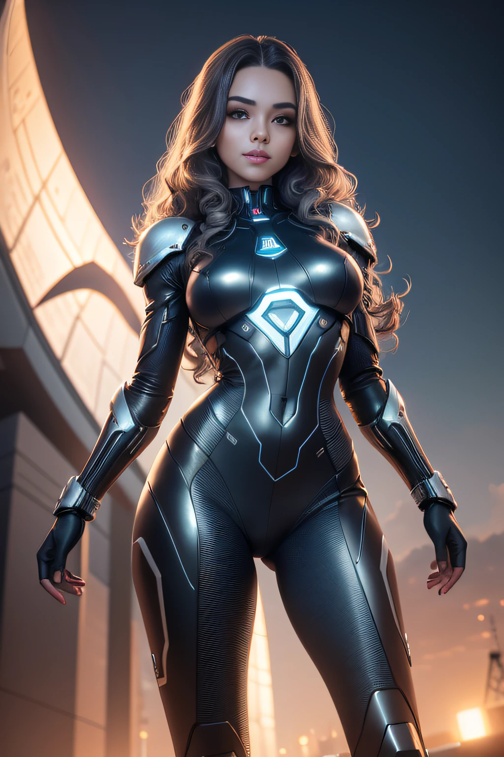 a skinny girl, latin face, smile you can see the teeth, bridge, space age, wavy hair, full body, very detailed body, very detailed face, shiny skin, detailed_eyebrows, beautiful_eyes, realistic skin, ultra-realistic, sharp and highly detailed focus, 8k
