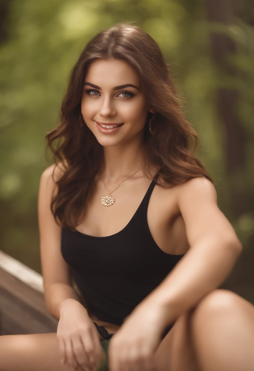 arafed woman with a red tank top and a necklace, sexy girl with green eyes, portrait sophie mudd, brown hair and large eyes, selfie of a young woman, bedroom eyes, violet myers, without makeup, natural makeup, looking directly at the camera, face with artgram, subtle makeup, stunning full body shot, piercing green eyes, beautiful angle, attractive pose, cute girl, brunette goddess, high detail, satisfied pose, wearing orange boots, skirt, holding a guitar with a big smile