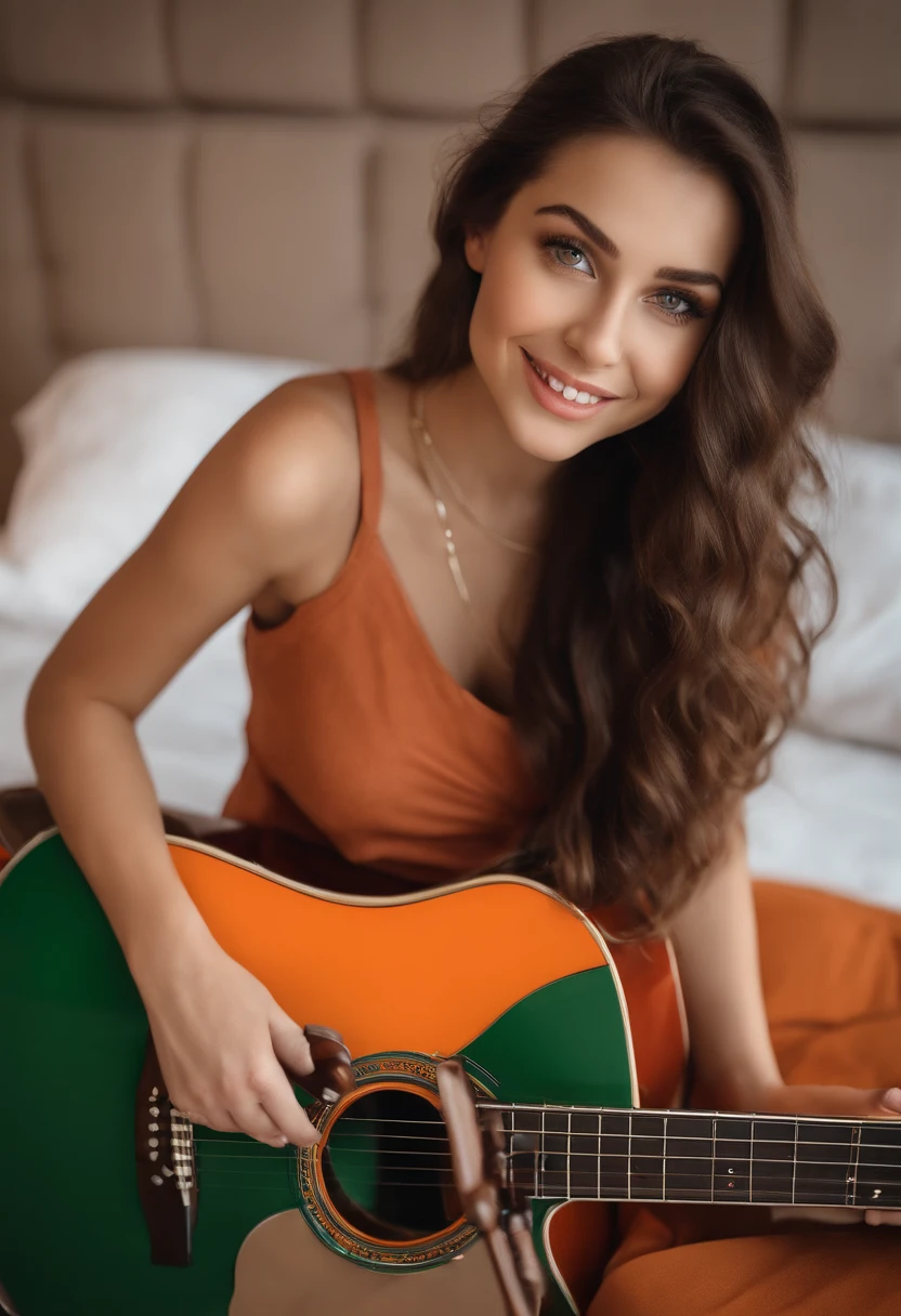 arafed woman with a red tank top and a necklace, sexy girl with green eyes, portrait sophie mudd, brown hair and large eyes, selfie of a young woman, bedroom eyes, violet myers, without makeup, natural makeup, looking directly at the camera, face with artgram, subtle makeup, stunning full body shot, piercing green eyes, beautiful angle, attractive pose, cute girl, brunette goddess, high detail, satisfied pose, wearing orange boots, skirt, holding a guitar with a big smile
