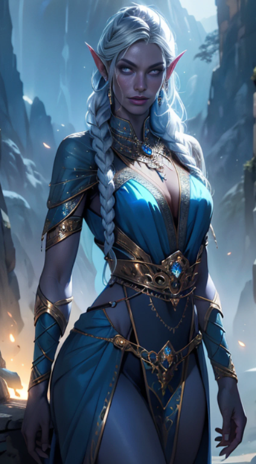 1girl, drow sexy, pele roxo-azul, long and elaborate braids of pale silver, ((olhos vermelhos)), jewelries, orelhas de elfo, Brincos, ((vestido sexy feiticeira branca)), maneja a equipe, Cast light magic, penhasco, Rochas, atletic, Volumetric lighting, best quality, master part, Realistic, anatomicamente correto, (Strong cinematic lighting), detalhes impressionantes, detalhes intrincados, 8K post-production, high resolution, super detalhes, trending on ArtStation, foco nítido, profundidade de campo f/1.8, studio photos, (((Looking at camera)))