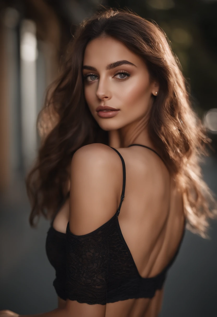 Arafed woman with tank top and matching panties, Sexy girl with brown eyes, portrait sophie mudd, brown hair and big eyes, Selfie einer jungen Frau, Paris, Violet Myers, kein Make-up, Natural makeup, Direkt in die Kamera starren, Gesicht mit Artgram, Dezentes Make-up, Stunning full body photo, im Schlafzimmer, Escote, Background busy street