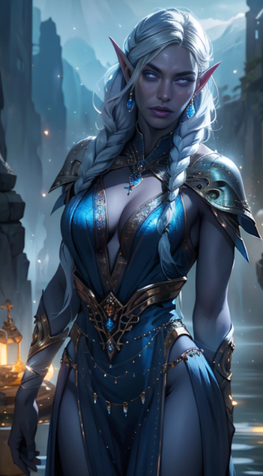 1girl, drow sexy, pele roxo-azul, long and elaborate braids of pale silver, ((olhos vermelhos)), jewelries, orelhas de elfo, Brincos, ((vestido sexy feiticeira branca)), maneja a equipe, Cast light magic, penhasco, Rochas, atletic, Volumetric lighting, best quality, master part, Realistic, anatomicamente correto, (Strong cinematic lighting), detalhes impressionantes, detalhes intrincados, 8K post-production, high resolution, super detalhes, trending on ArtStation, foco nítido, profundidade de campo f/1.8, studio photos, (((Looking at camera)))