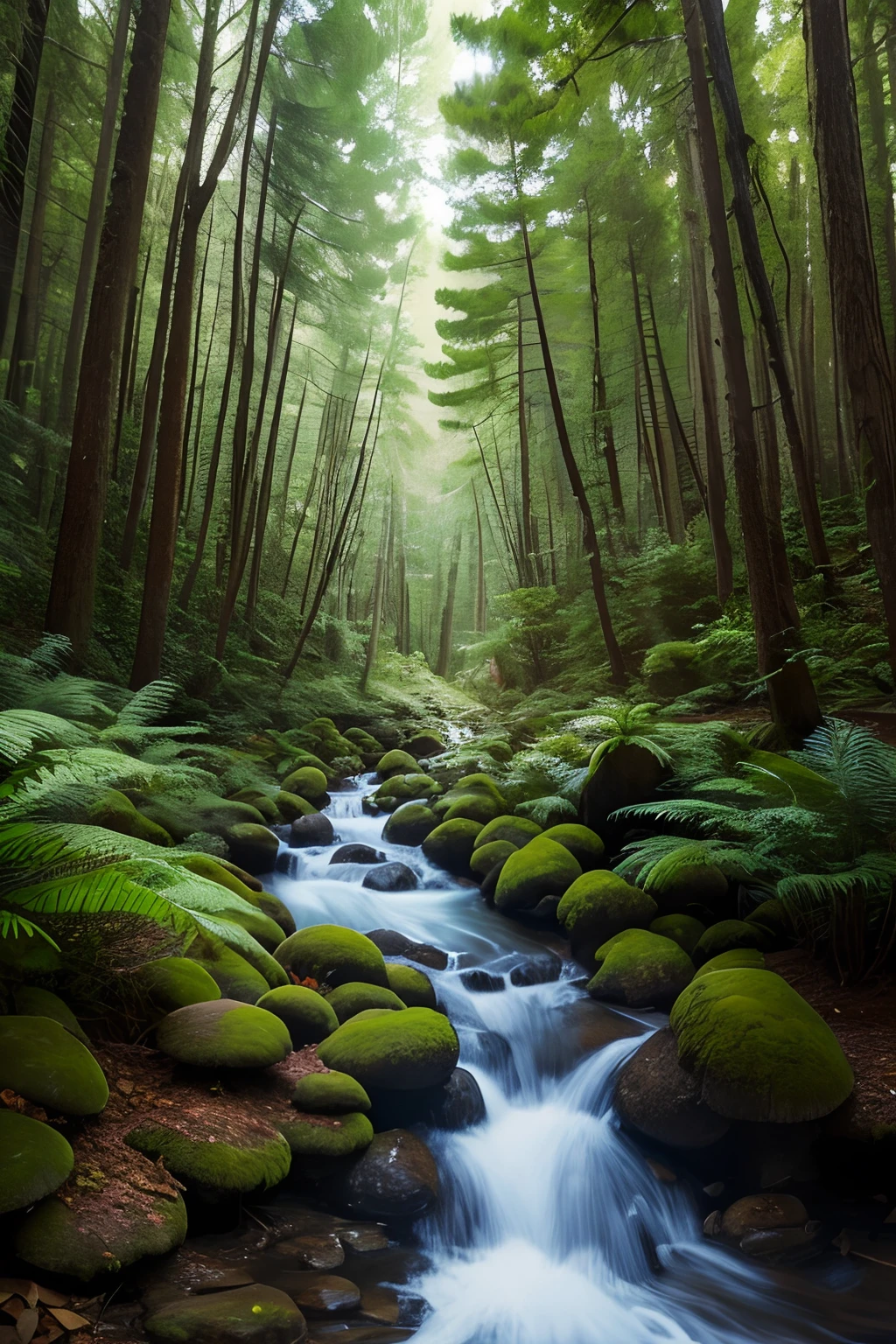 Mushroom trip in a magical pine forest, with a stream, peaceful