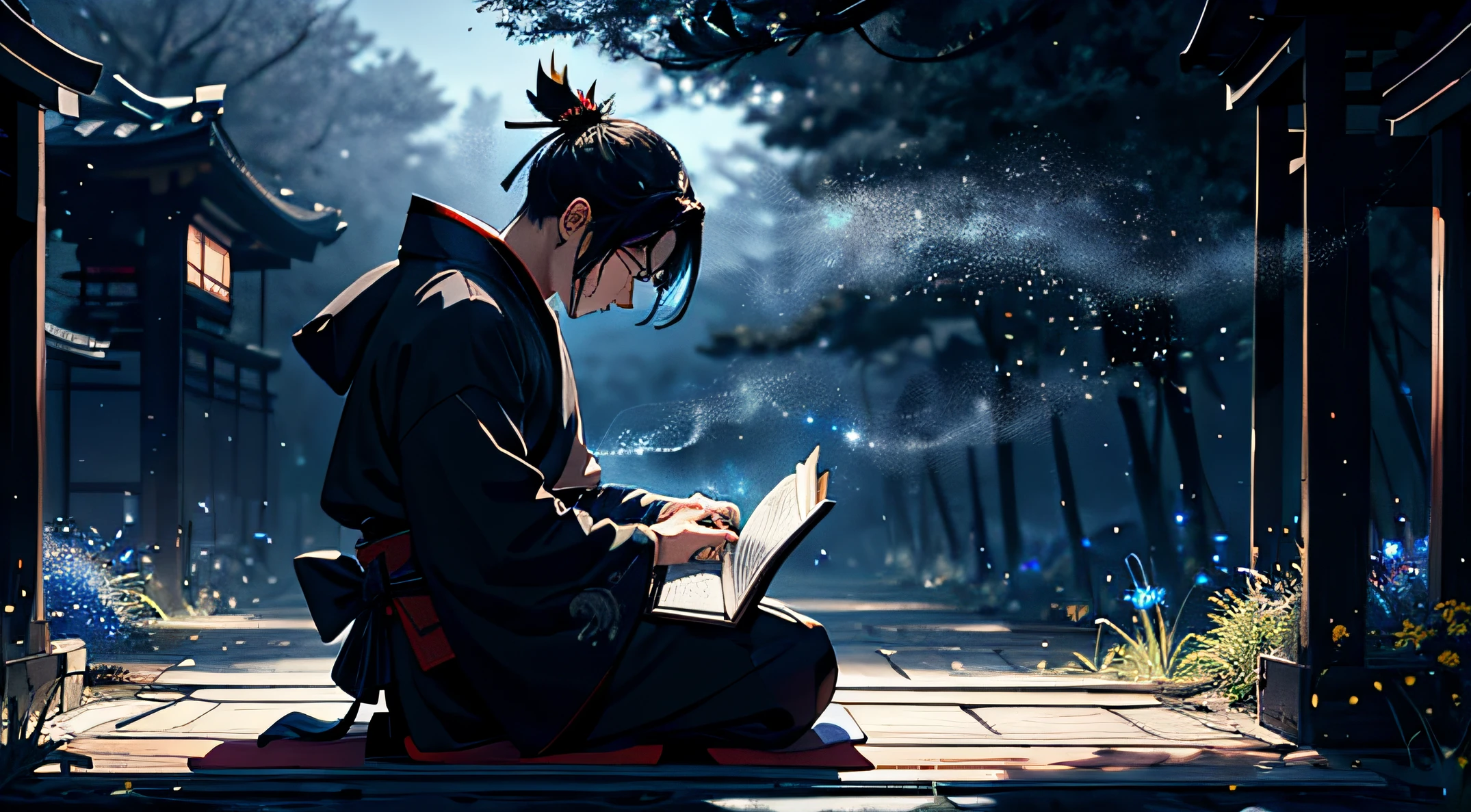 1Male samurai, reading a book, contemplating, late at night,ghost,weeds emitting blue light,equinox flower,firefly,a dim atmosphere,(and its rich details:1.3),strong contrast,hard shadow,smoke,strong breeze,petal,particle,mourning for a dead,kneeling down, Japanese samurai armor,ancient chinese xiake,simple wooden tombstone,kneeling with his sword