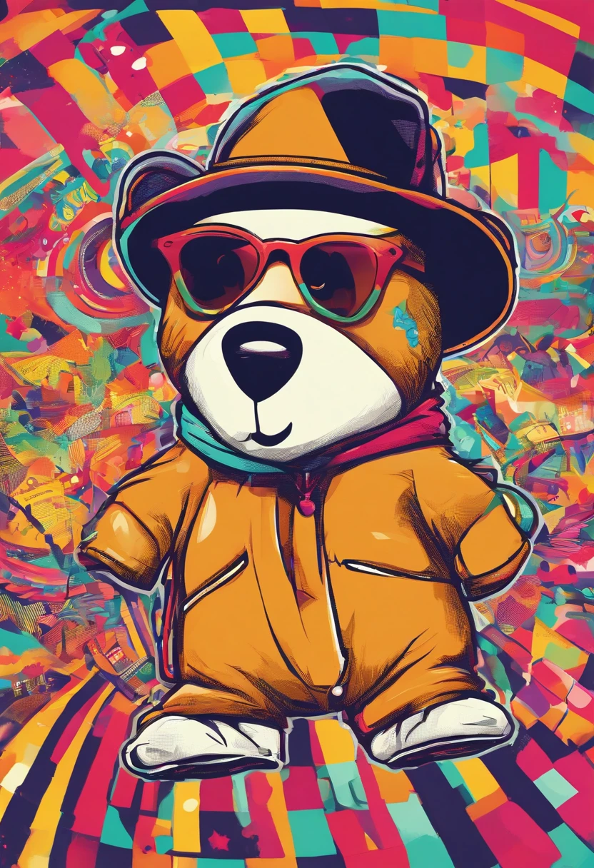 A cute bear，largeeyes，Cute pose，Painting of cute bear in hat，Wear sportswear，Detailed, Ultra-realistic rendering，Street style，Cute pose，Stylish clothes，urbansamurai，Animate