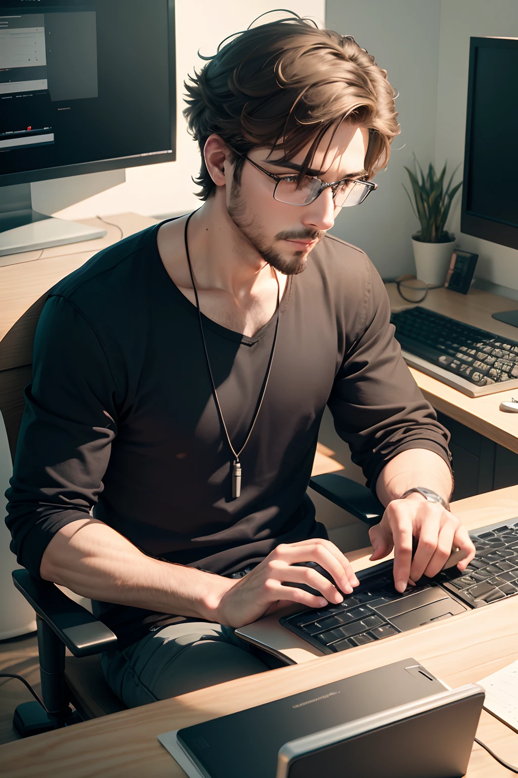 Managing a man sitting in front of his computer --auto