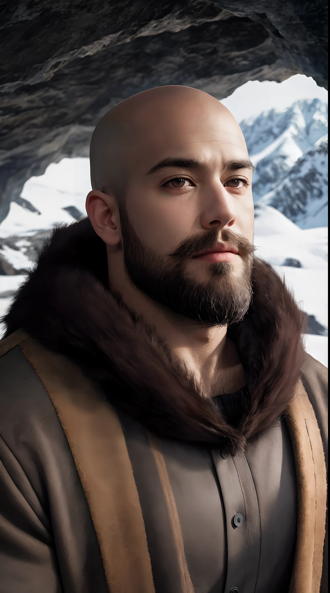 highly detail, RAW color photo, 巨作, Best Quality, ultra-detail, Realism, 30-year-old veteran, (fantaisie), Muscular body, Sculpted body, (detailed skin), (highly detail, hyper details, Dilemma), (beard  : 1.4) bald, Covered clothing, Fur clothing, Brown eyes, Cave background, complex, highly detail, sharp focus, dramatic, photorealestic