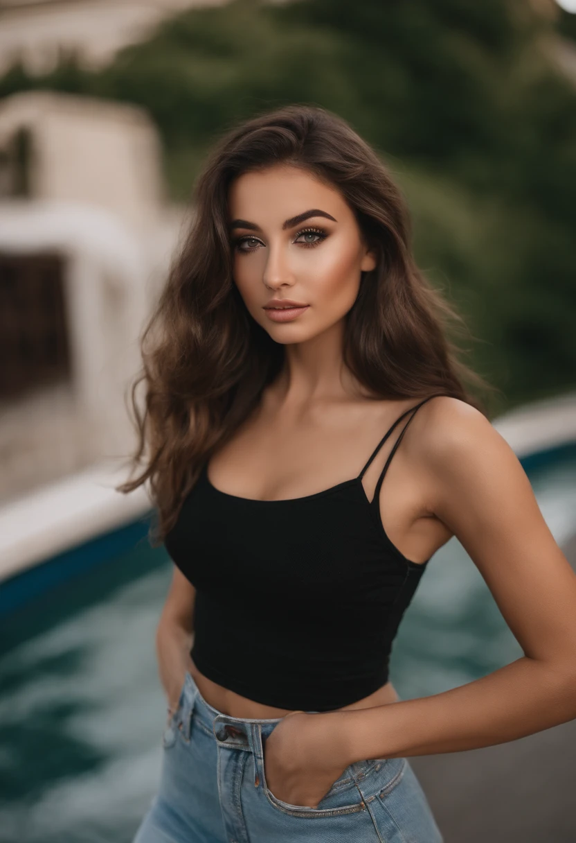 Arafed woman with tank top and matching panties, Sexy girl with brown eyes, portrait sophie mudd, brown hair and big eyes, Selfie einer jungen Frau, Paris, Violet Myers, kein Make-up, Natural makeup, Direkt in die Kamera starren, Gesicht mit Artgram, Dezentes Make-up, Stunning full body photo, Escote, Am strand