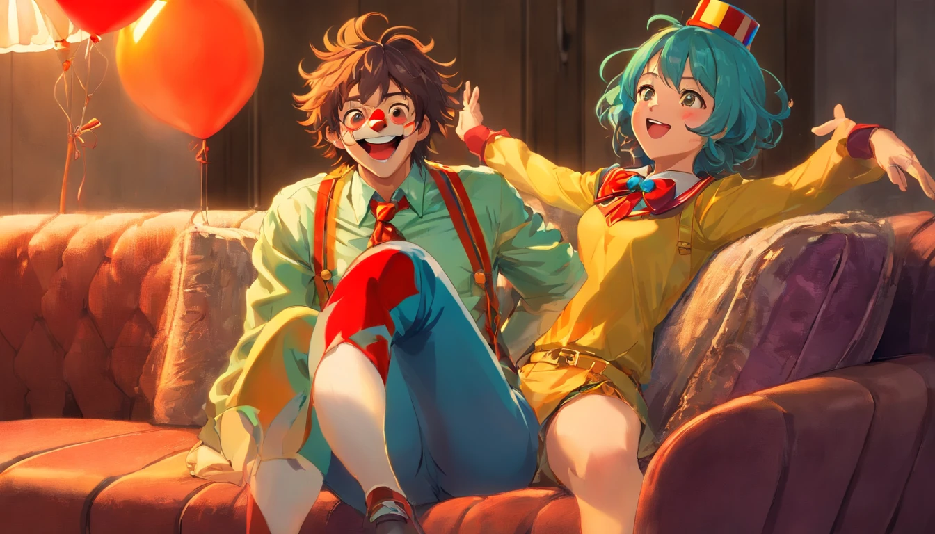 left lateral bottom angle near the groin, Ultra realista detalhado melhor qualidade, QCrie, A concept art of a male clown, Chubby Roll, carrying huge morbid thighs, rechonchudo, coxas extremamente grossas;, He holds some colorful balloons, He wears clown shoes, clown tie, Clown necklace, The most beautiful clown in the world, he's laughing, laughing expression of much happiness, (deslizamento da genital Masculino glande peniana)), ((transbordamento da genital Masculino glande peniana detalhada)), Contorno da genital na roupa, Glande real, ((deslizamento da genital Masculino glande peniana realista, detalhada, real, Price Range ART pop. POP ART Configuration, (master part), best quality, (extremamente detalhado CG unidade 64k papel de parede), ultra-high resolution, ultra-high definition, maximalista, UHD 64k, alto, intrincado, detalhes intrincados, altamente detalhado, finamente detalhado, ultra-detalhado, qualidade de textura ultra-alta, texturas detalhadas, Detalhe de pixel ultra-alto, (ultra-realistic:1.3), FOTO OFICIAL, HDR, DSLR, fotografia, fotografia de pessoas, profissionalmente colorido, Fujifilm XT3, Foto RAW, imagens descompactadas, profundidade de campo rasa, profundidade de cor completa, foco nítido, Amazing BREAK, gorgeous, Branco, Cena emocionante, linhas, fora, noite, Sitting on the elegant and colorful sofa, virilhas expostas, Coxas abertas, gesturing with your hands, He has a long, huge clown colored tie , He has colorful clown hat, he has clown collar, ele tem luvas brancas,
