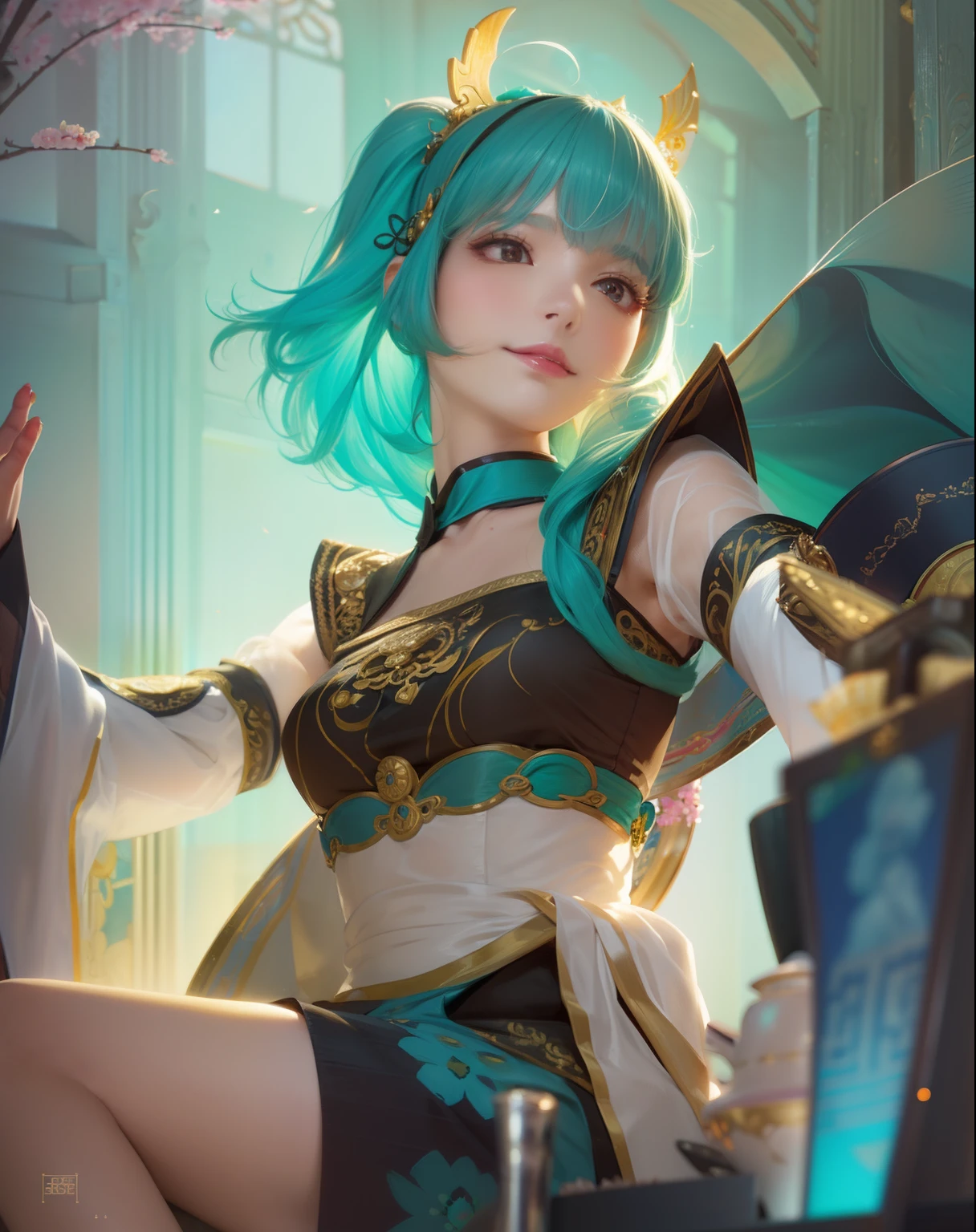 (best quality,ultra-detailed,realistic:1.37),vivid colors,portrait,traditional painting style,soft lighting,peaceful atmosphere,serene expression,light makeup,graceful pose,flower garden,subtle breeze,natural sunlight,fresh air,relaxing ambiance,delicate feminine features,delightful smile,flowing dress,hand fan,traditional hair accessories,ornate patterns,rich cultural background,harmonious color palette,subtle gradients,fine brushwork,expressive eyes,lustrous black hair,dainty posture,detailed skin texture,captivating gaze,inner tranquility.
