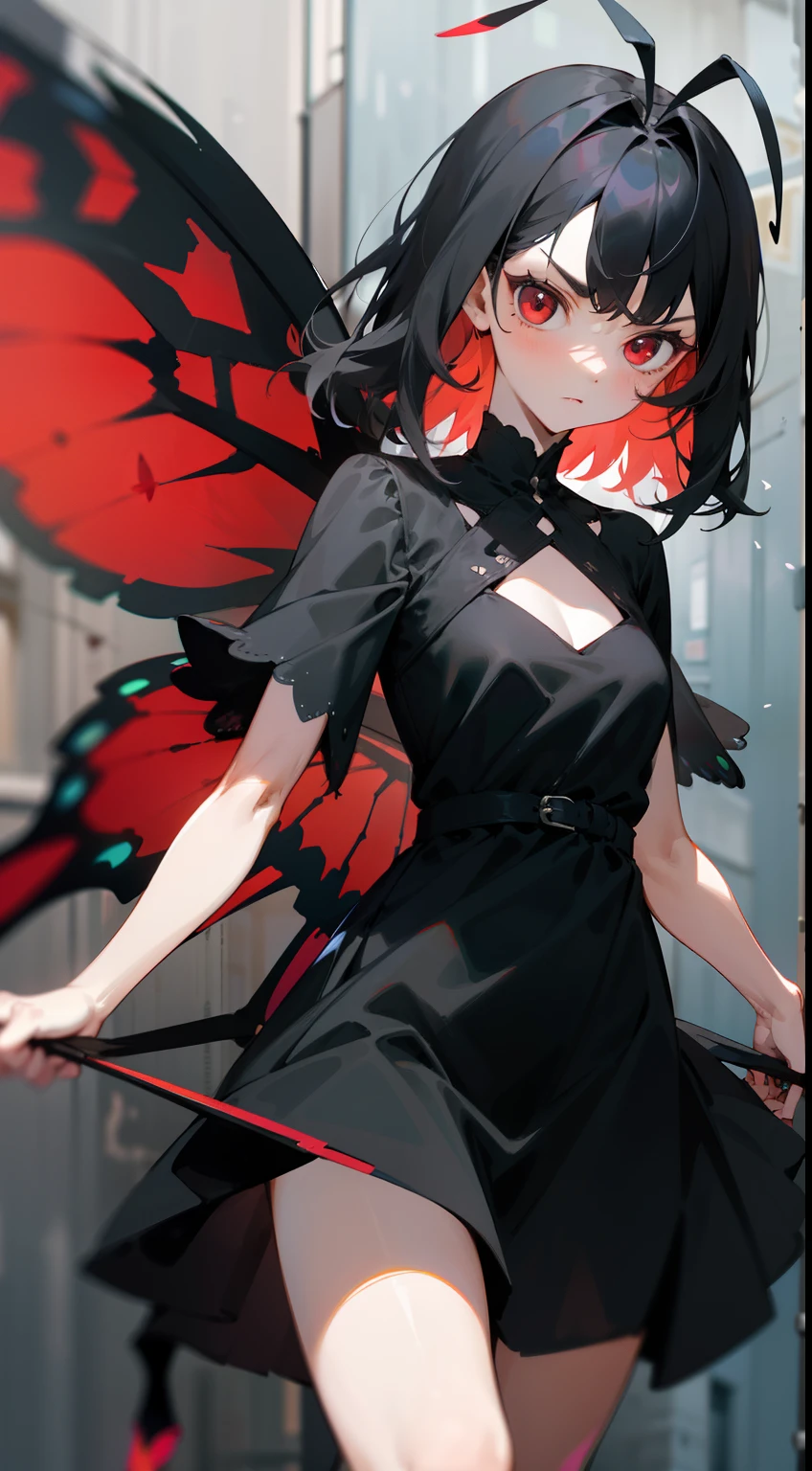 1girl,mature,black dress,medium red butterfly wing, solo, serious,red eyes,black hair,walking in road,close-up,no butterflys,insect antenna,