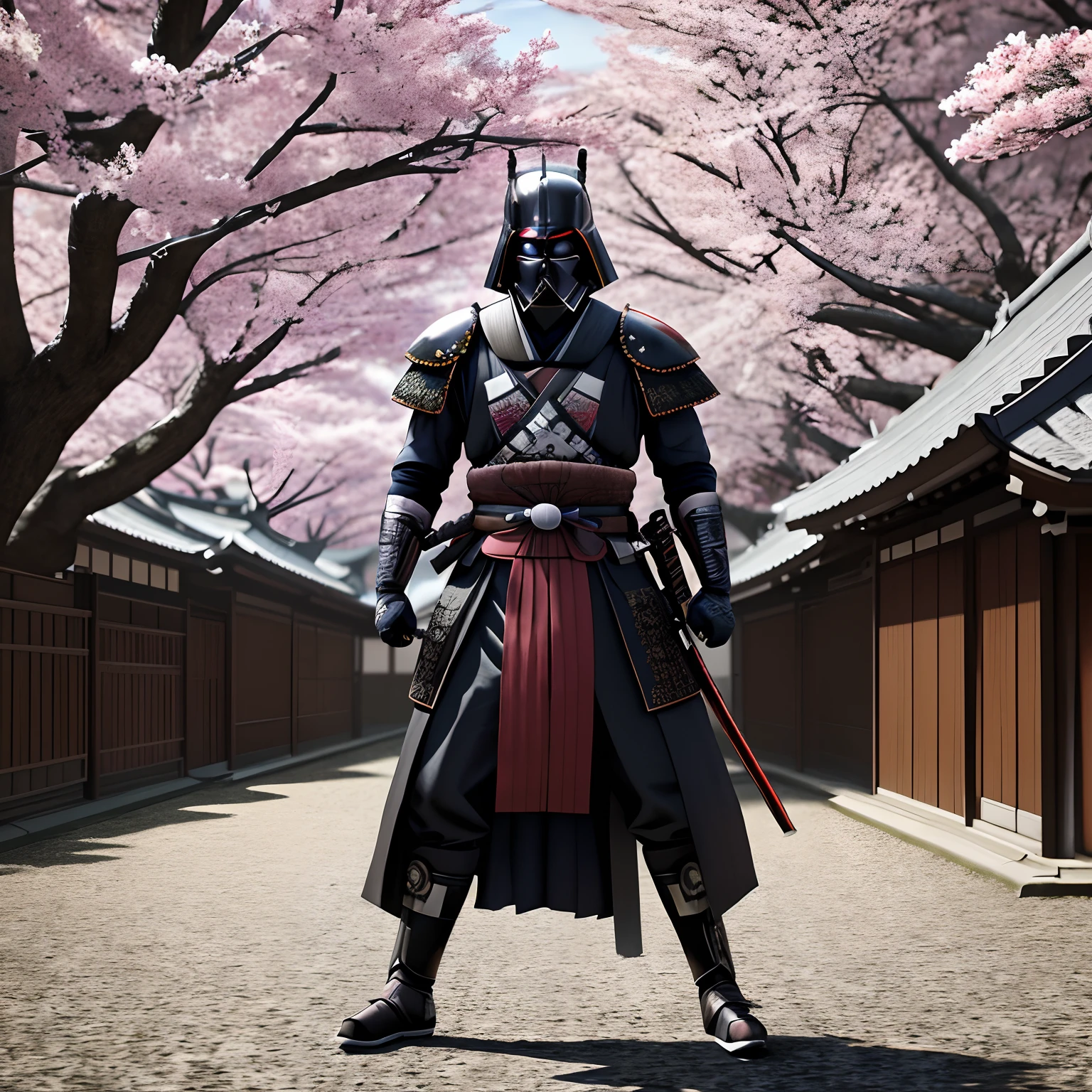 Japonesa samurai warrior, Darth Vader (guerra nas estrelas), cinemactic, Hyper res, comic, sombras escuras, 8k, katana para usar, Pose de combate com costas, Looking at the Viewer, Contraste suave, 4k, Samurai scenery with Sakura tree,Vison Axo.