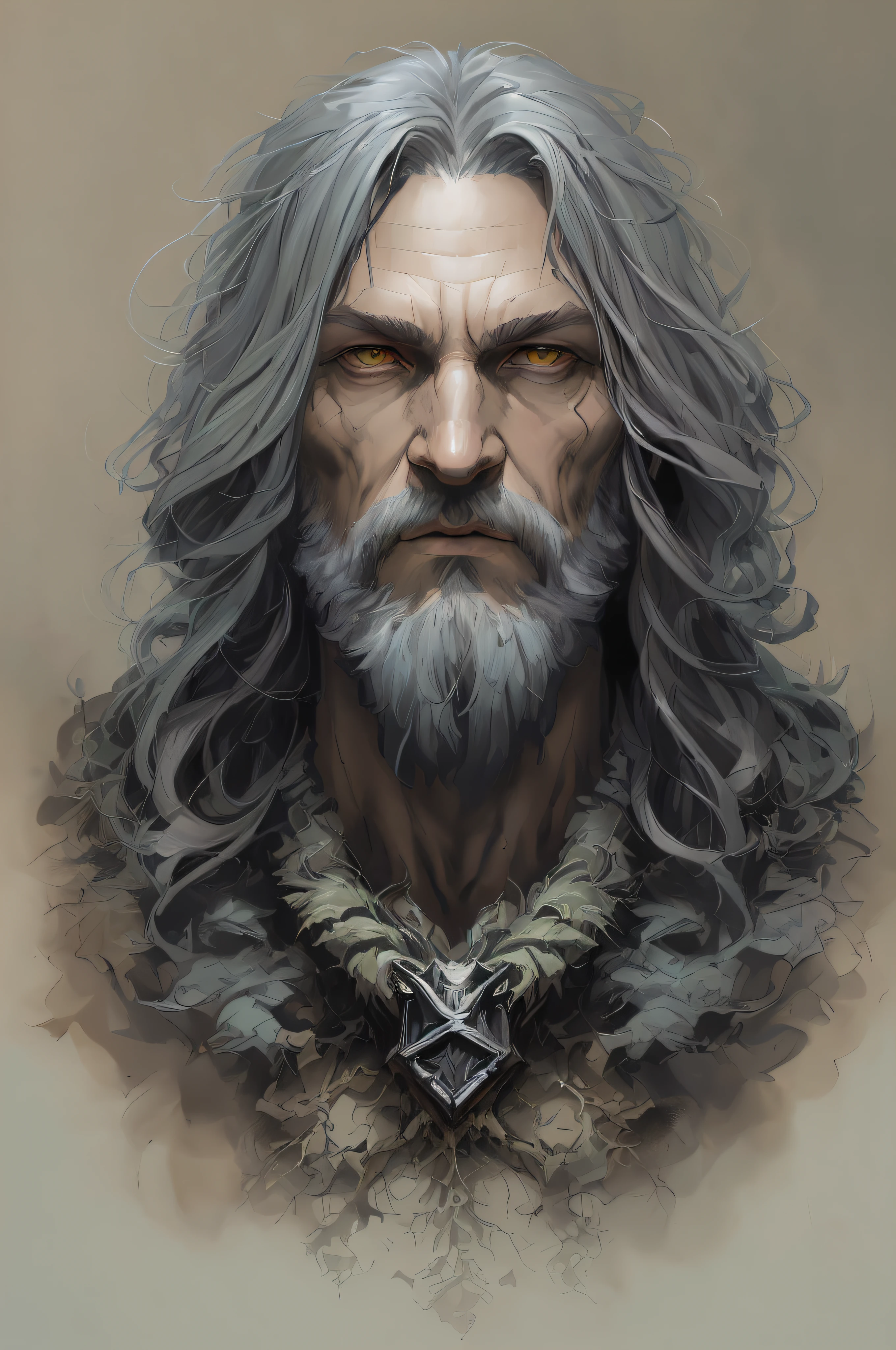 High Angle detailed ((dnd druid man portrait)), Continued , HD, (oil painting:1.1), (comic book art style:1.5),(inked outline:1.3), Stunning, Character, Portrait, (((Looking Sideways))), angular features, (dark grey Graduated Bob Hair), (muted natural colors:1.3) in painterly style by Jean Baptiste Monge