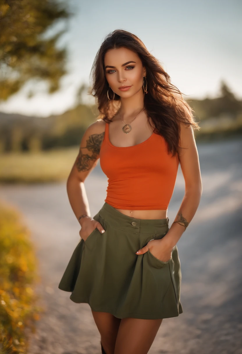 arafed woman with a red tank top and a necklace, sharing drinks with friends, sexy girl with green eyes, portrait sophie mudd, brown hair and large eyes, selfie of a young woman, bedroom eyes, violet myers, without makeup, natural makeup, looking directly at the camera, face with artgram, subtle makeup, stunning full body shot, piercing green eyes, beautiful angle, attractive pose, cute girl, brunette goddess, high detail, satisfied pose, wearing orange boots, skirt, tattoo on left arm that says Patience