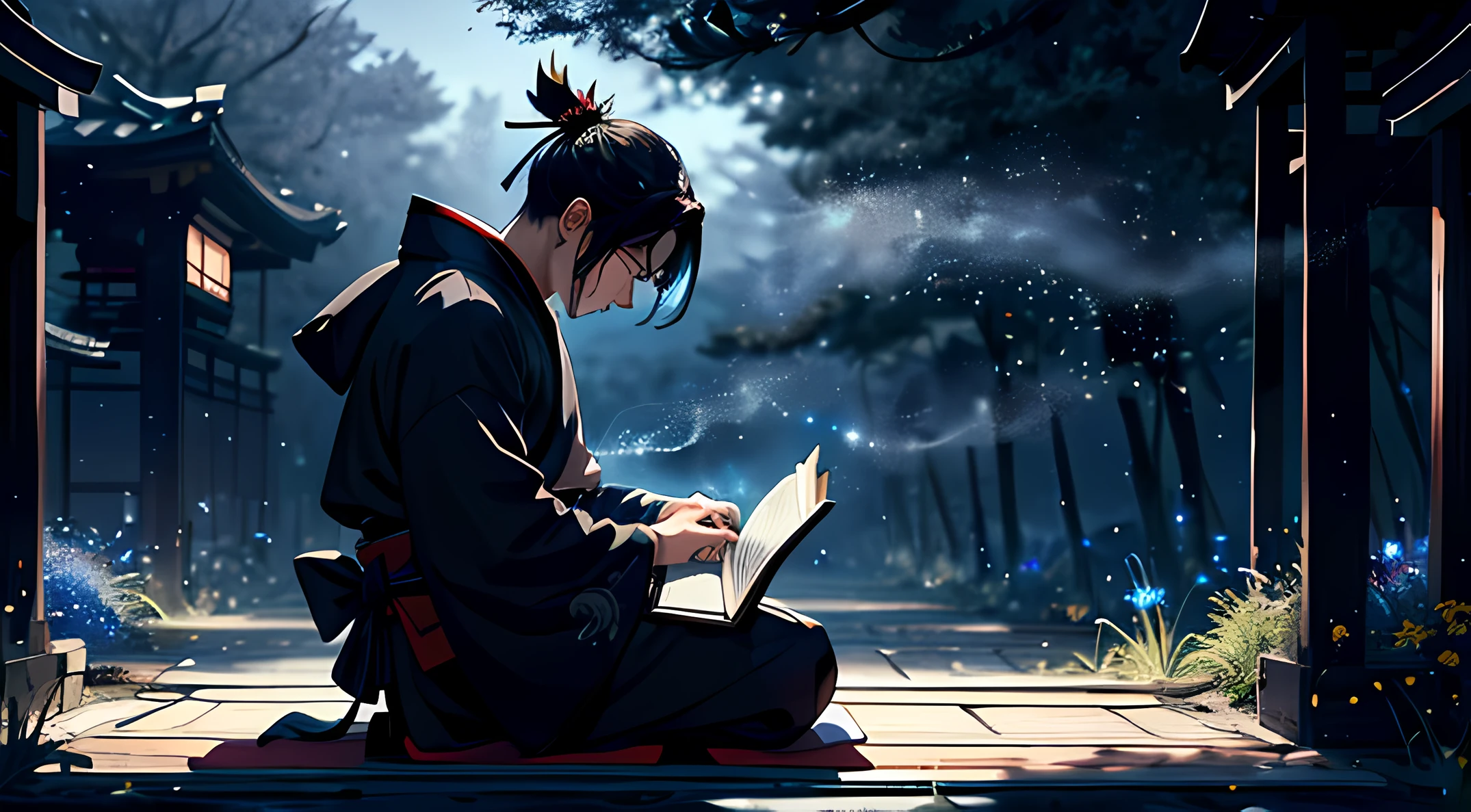 1Male samurai, reading a book, contemplating, late at night,ghost,weeds emitting blue light,equinox flower,firefly,a dim atmosphere,(and its rich details:1.3),strong contrast,hard shadow,smoke,strong breeze,petal,particle,mourning for a dead,kneeling down, Japanese samurai armor,ancient chinese xiake,simple wooden tombstone,kneeling with his sword