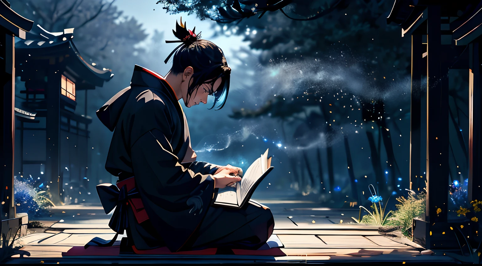 1Male samurai, reading a book, contemplating, late at night,ghost,weeds emitting blue light,equinox flower,firefly,a dim atmosphere,(and its rich details:1.3),strong contrast,hard shadow,smoke,strong breeze,petal,particle,mourning for a dead,kneeling down, Japanese samurai armor,ancient chinese xiake,simple wooden tombstone,kneeling with his sword, very high quality, a detail face