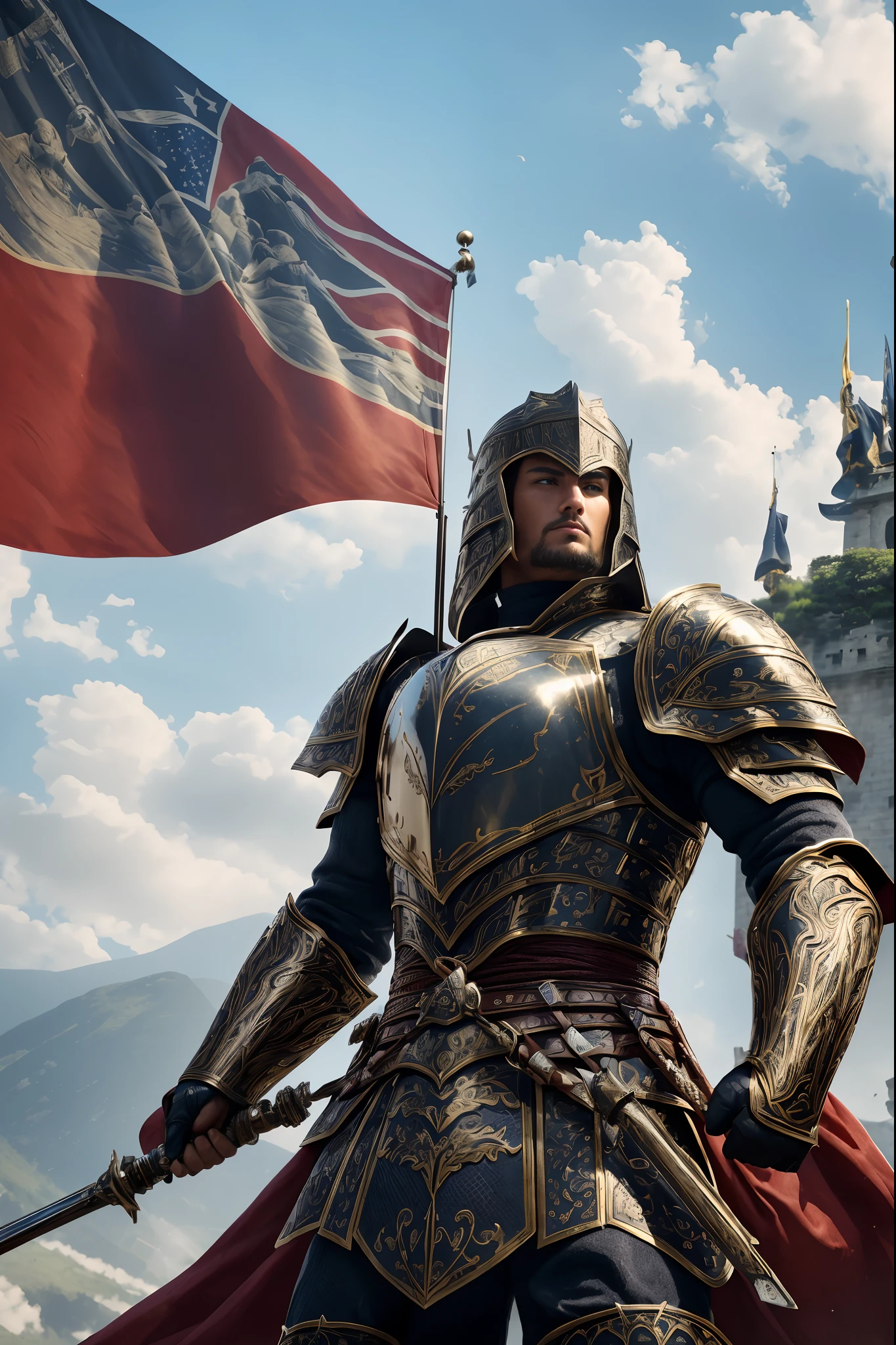 (Best Quality,4K,8K,hight resolution,masutepiece:1.2),Ultra-detailed,Physically-based rendering,Sharp Focus,Professional,Vivid colors,Bokeh,A warrior,Beautiful detailed armor,Shogun,garden,castle,Fierce,authoritative,Strong,which are full of confidence,detailed facial features,intense expression,Glowing eyes,Decorative armor,Large crowds,speech,Dynamic Pose,commanding presence,Epic Landscapes,Proud Standing,impressive background,majestic view,Wave the flag,banners,Flying birds,Nikko Streaming,Impressive lighting,Masterpiece scenery,rich textures,Historical,Heroic figure,Spectacular visuals,perfectly poised,Armor Warrior,Attention to detail,Warrior spirit,value,Glorious moments,Wave the banner.In front of the soldiers