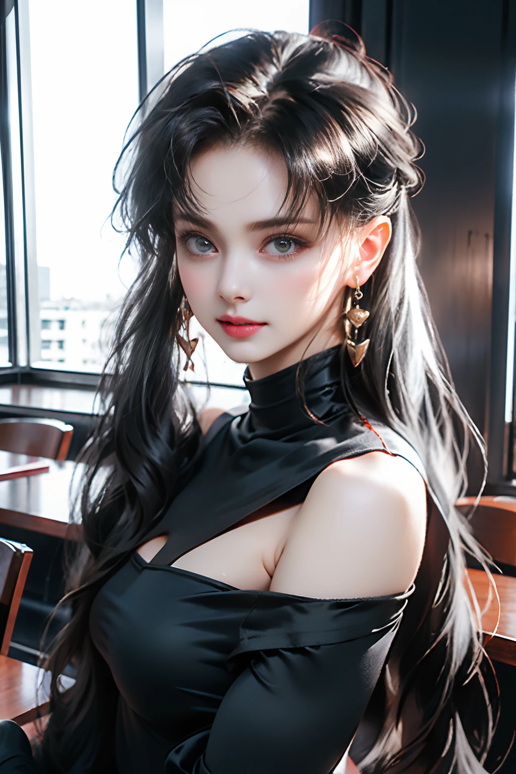 (8K, Raw photo, Best Quality, masutepiece:1.2), Ultra-detailed, Perfect Detail , view the viewer, make up, Seductive, Shameful face, (年轻:1.2),((20yr old)), Beautiful face, Beautiful eyes, (((Perfect female body, Narrow waist))), Red hair, Asian Look, an hourglass figure, Green eyes, Beautiful appearance, silk turtleneck dress, Puffy lips, Black heels, In the restaurant, Wavy Hair, Light makeup, Sablip mole, Dragon tattoo on the shoulder