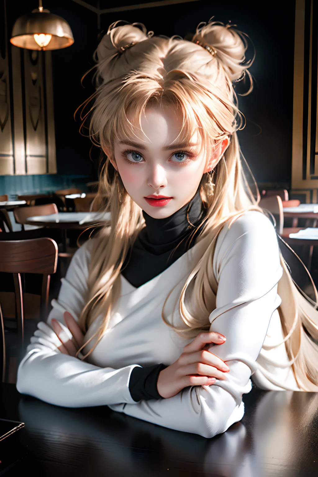 (8K, Raw photo, Best Quality, masutepiece:1.2), Ultra-detailed, Perfect Detail , view the viewer, make up, Seductive, Shameful face, (年轻:1.2),((20yr old)), Beautiful face, Beautiful eyes, (((Perfect female body, Narrow waist))), Red hair, Asian Look, an hourglass figure, Green eyes, Beautiful appearance, silk turtleneck dress, Puffy lips, Black heels, In the restaurant, Wavy Hair, Light makeup, Sablip mole, Dragon tattoo on the shoulder