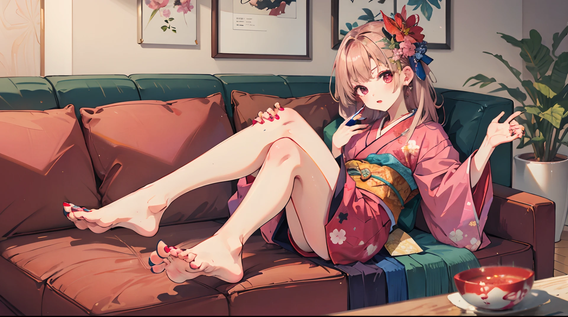 one-girl,Wearing a pink kimono,Barefoot,sitting in the couch,Holding Erlang's legs(Distinct toes,Toe red nail polish detail)