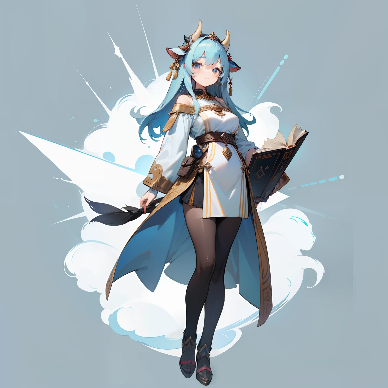 Anthropomorphic cow daughter、Full-body image、femele、without background、Plain background、Learn the history、Deities、I want to know the truth of history、Archeologist、Have a history book、research、Study Words、Decipher the language